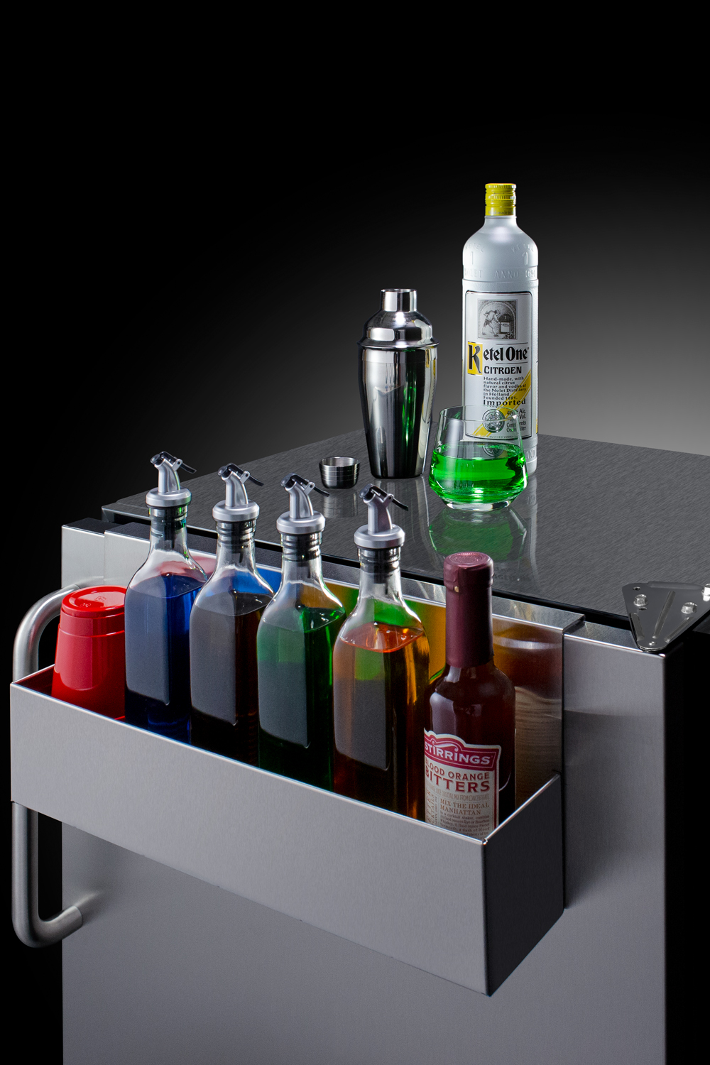 Commercial outdoor all-refrigerator for built-in or freestanding use, with removable Speed Rail and complete stainless steel exterior